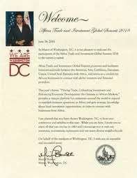 Official welcome letter for the Africa Trade and Investment Global Summit 2018, signed by Muriel Bowser, Mayor of Washington, D.C.