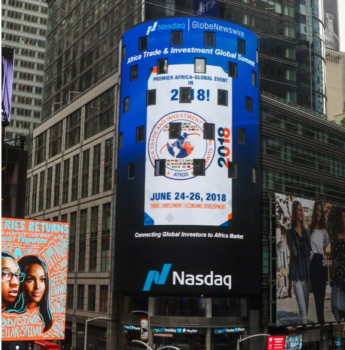 Event branding on the NASDAQ Tower LED billboard, Times Square, New York City