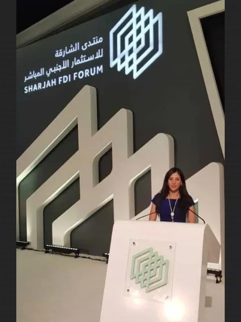 Sarah Zineb Boumouja on stage at the Sharjah FDI Forum