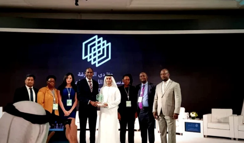 H.E. Marwan J. Al Sarkal, Chairman of Shurooq, on stage with official African delegations and Sarah Zineb Boumouja